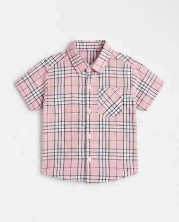 Flat lay of a PTex Fashion pink check short-sleeve button-up shirt for boys