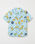 Flat lay of a PTex Fashion sky blue checkerboard shirt for boys with cartoon banana print