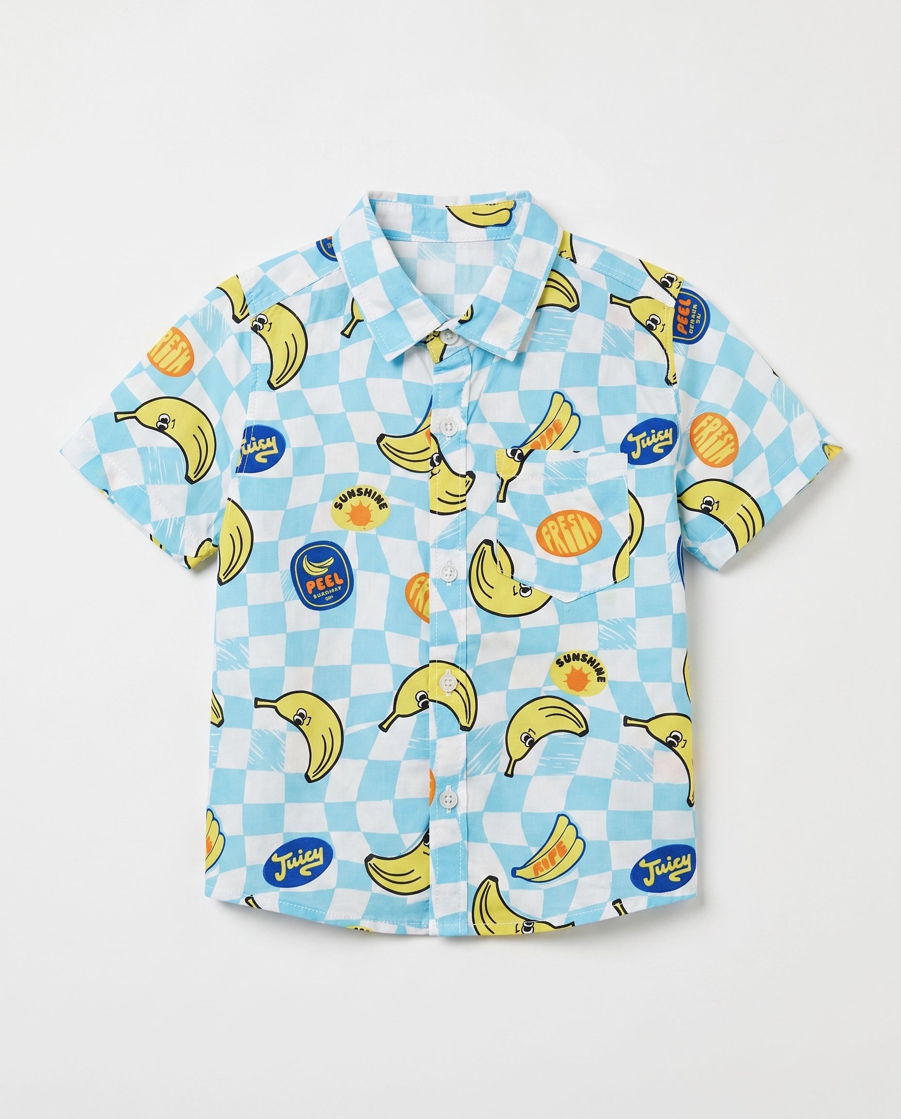 Flat lay of a PTex Fashion sky blue checkerboard shirt for boys with cartoon banana print