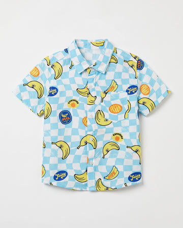 Flat lay of a PTex Fashion sky blue checkerboard shirt for boys with cartoon banana print