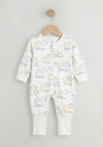 white all over print front zipper baby romper