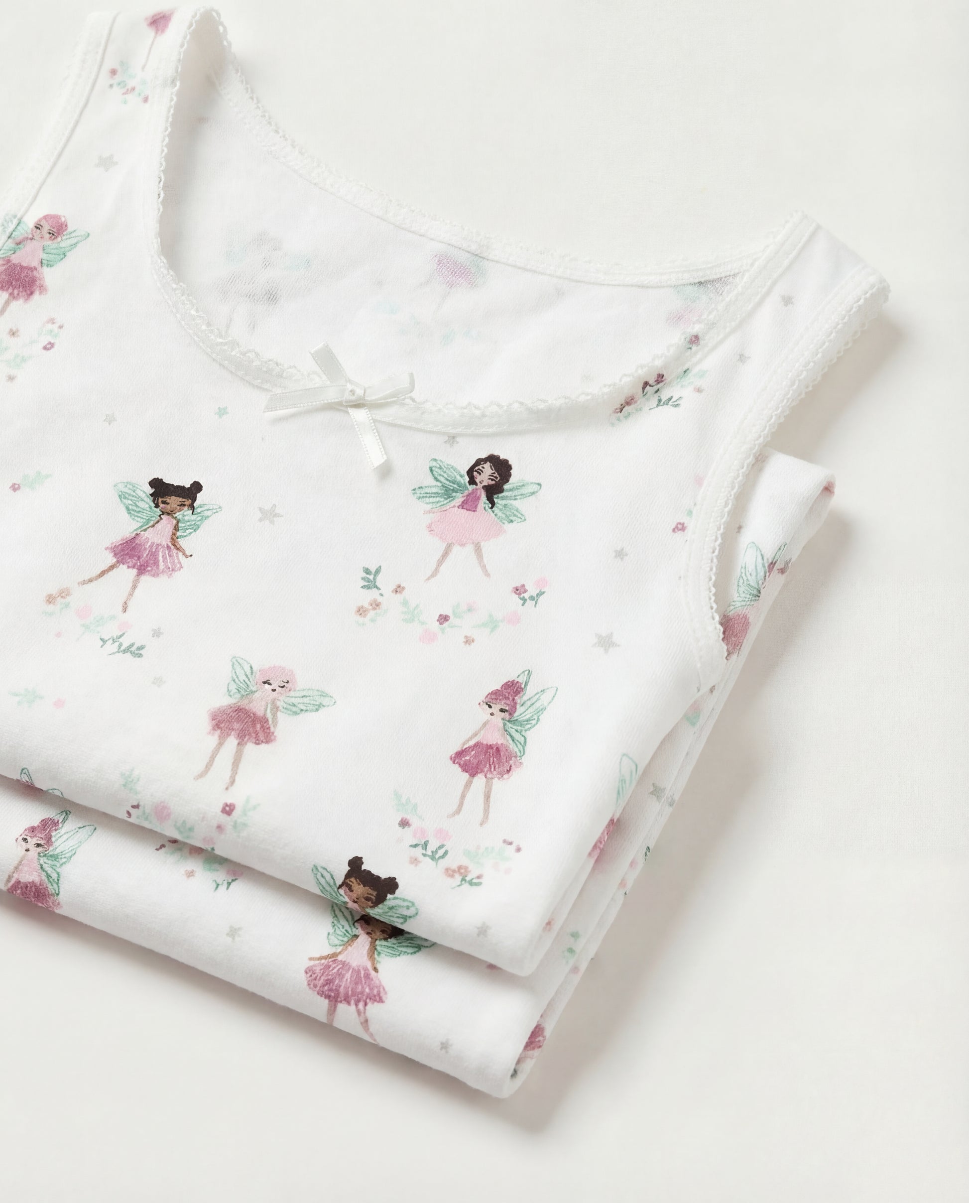 Toddler Girl's Lace Trimmed Cotton Tank Tops | White, Fairy Print