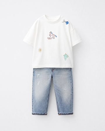 2-Piece Embroidered Tee & Denim Set